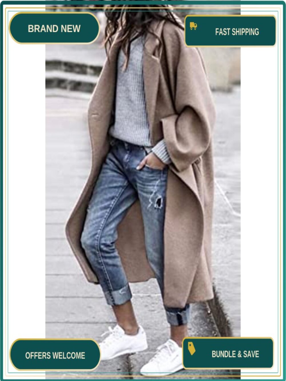 Oversized Wool Blend Notch Collar Midi Trench Coat Loose Fit - Picture 3 of 6